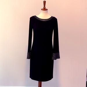 Laundry By Shelli Segal Black Sheath Dress with Bell Sleeves and Beading Size 2